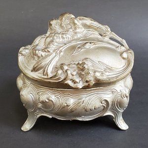 Antique Cast Bronze Metal Jewelry Casket / Trinket Box, Silver-Toned